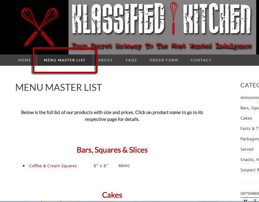 Menu Master List Klassified Kitchen