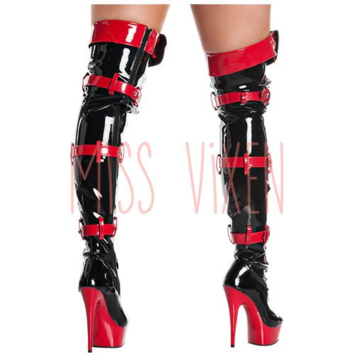 Pleaser Thigh High Black Red Latex Lace Up Stripper Boots Heels 1411