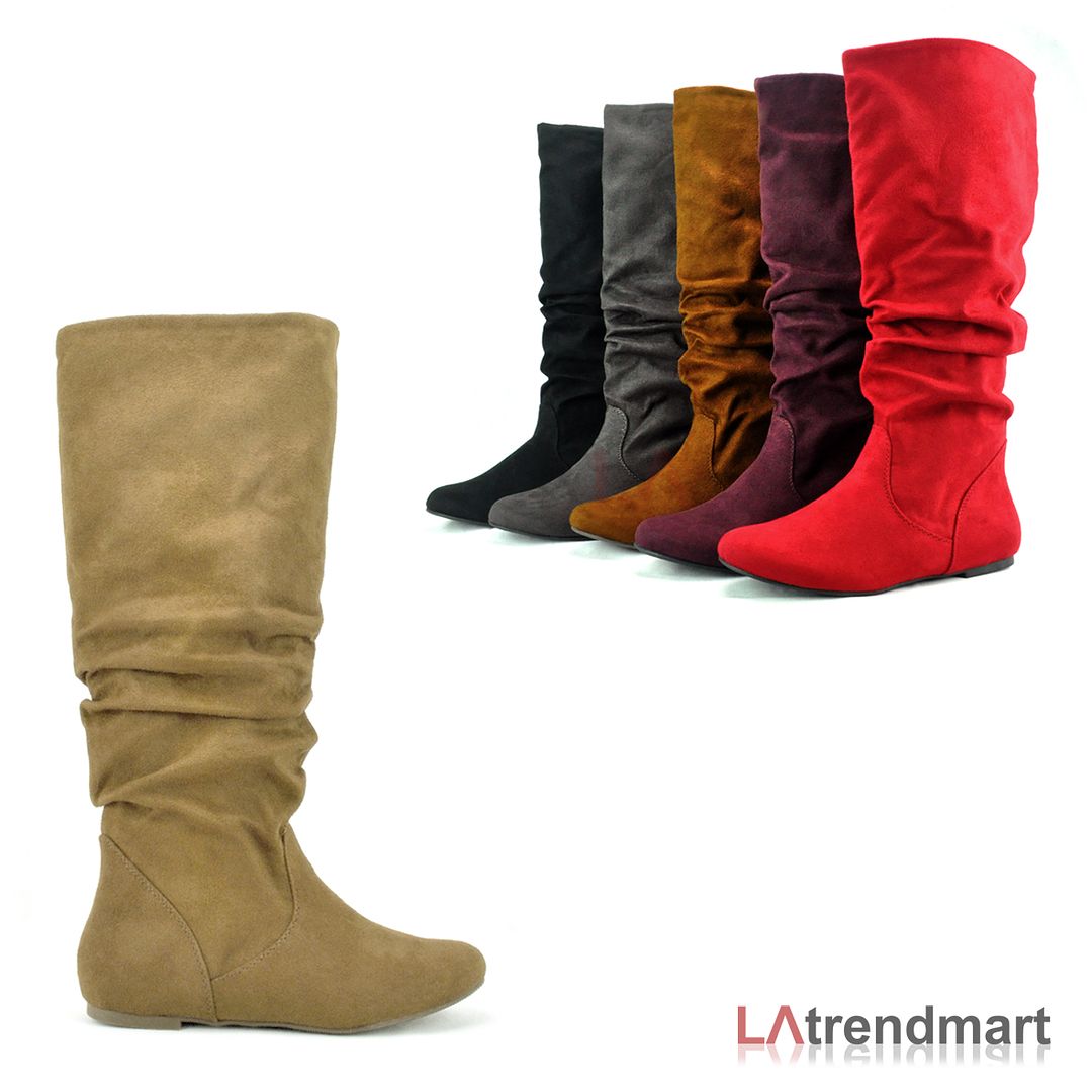 Women Round Toe Winter Casual Slouchy Knee High Flat Boots Faux Suede ...