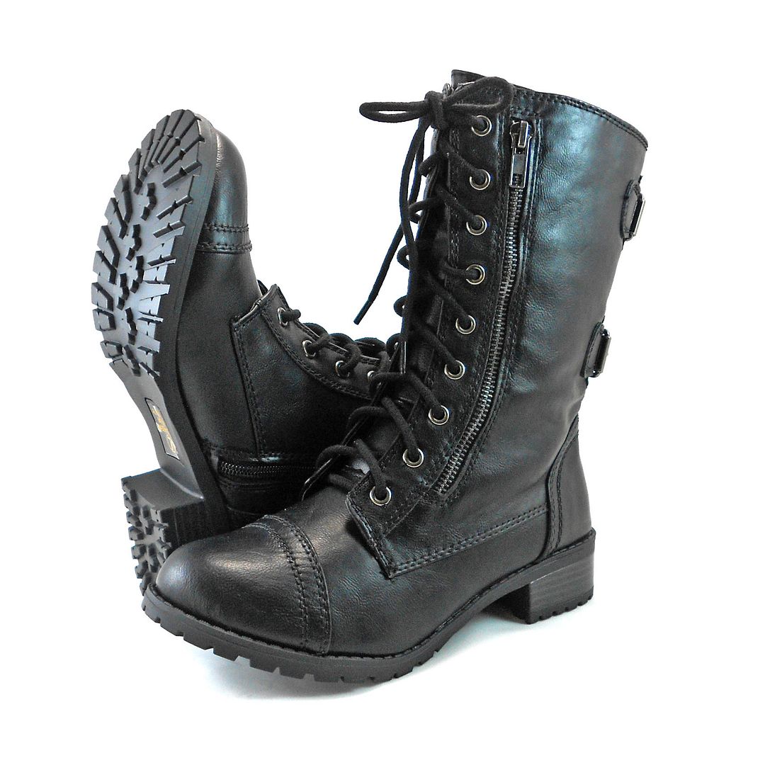 Military Combat Mid Calf Motorcycle Lace Up Women Boots Zipper Soda